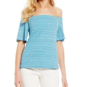 J. McLaughlin Womens Catalina Cloth Off The Shoulder Top Medium Blue Nomi Print